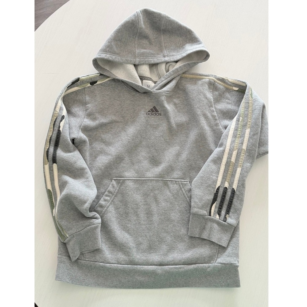 Adidas Boys Grey Camo Stripe Hoodie Sweatshirt Pullover Size M 10/12